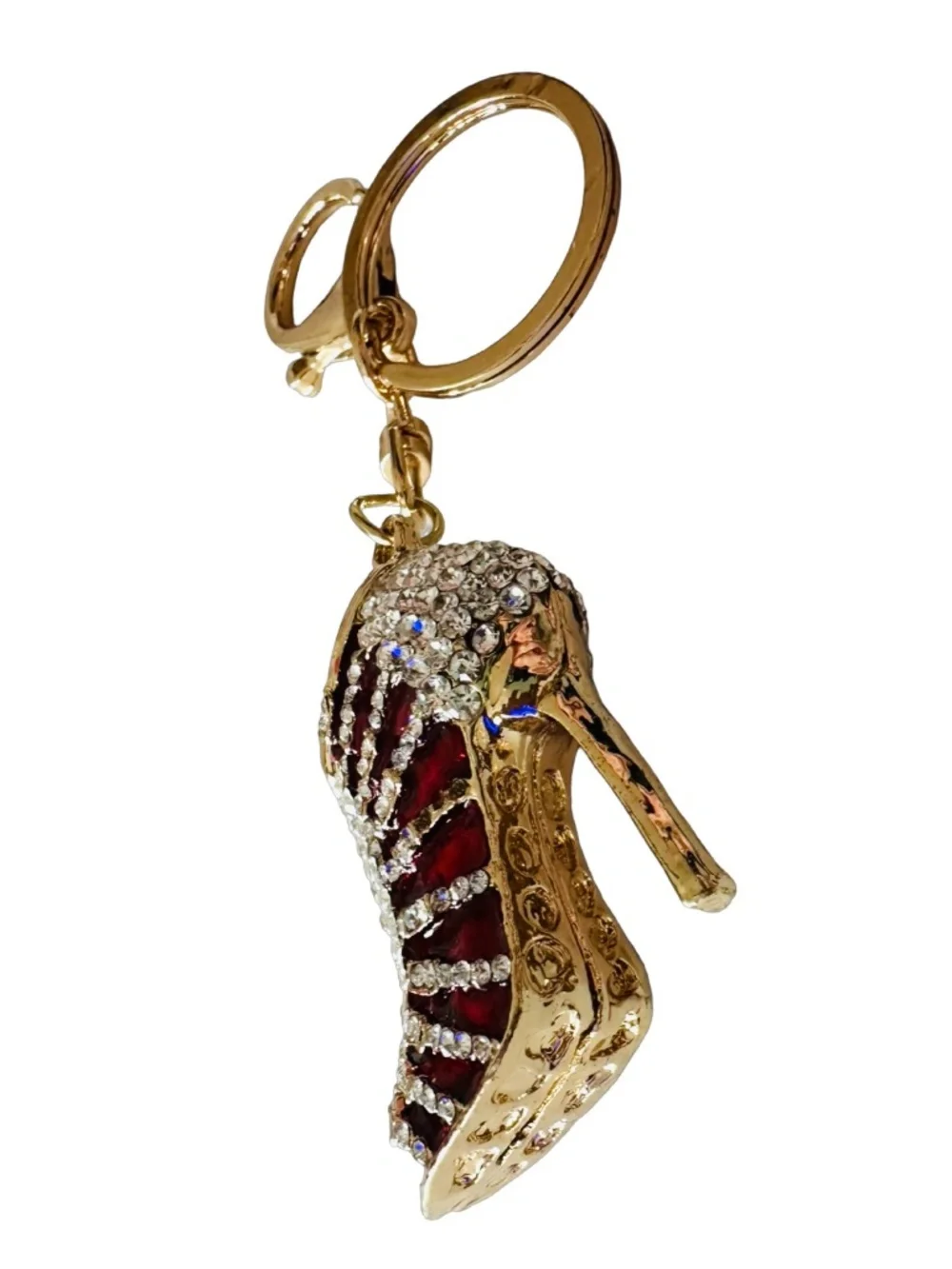 Gold-tone Red Enameled Jeweled High Heels Keychain Ring Handbag Charm 5” Luxury